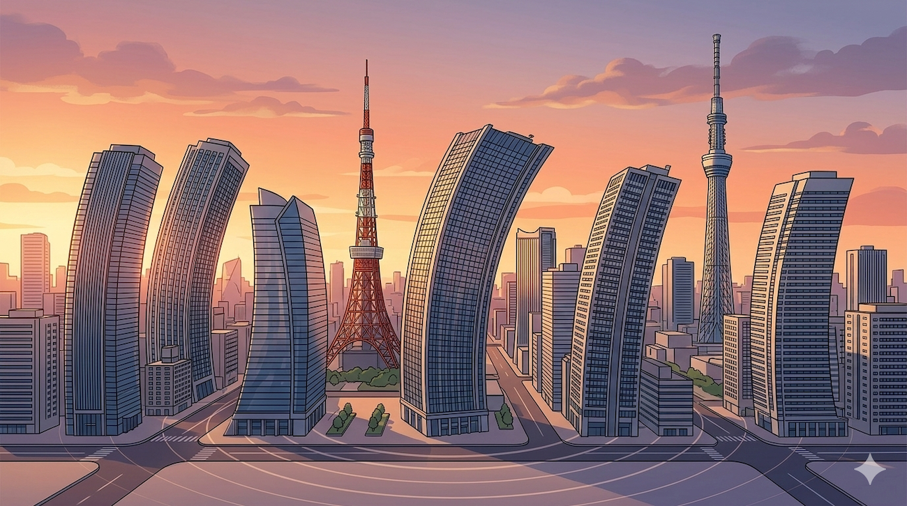 Tokyo skyline with buildings bending during an earthquake, illustrating organisational resilience through systems designed to absorb disruption.